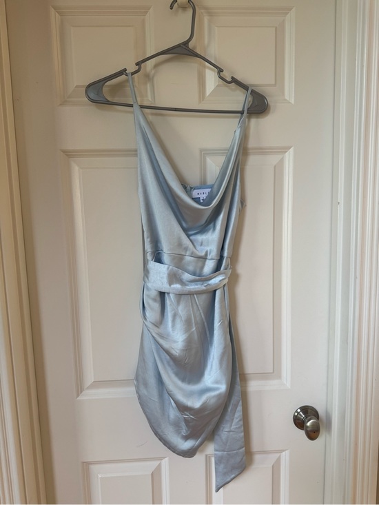 Mable Dresses & Skirts - Mable Silver Blue Satin Cowl Neck Draped Mini Dress